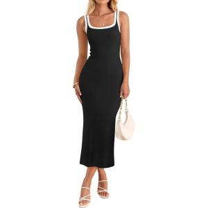 imageZESICA Womens 2025 Summer Bodycon Midi Dress Casual Sleeveless Square Neck Side Slit Knit Vacation Long DressesBlack