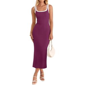 imageZESICA Womens 2025 Summer Bodycon Midi Dress Casual Sleeveless Square Neck Side Slit Knit Vacation Long DressesFuchsia