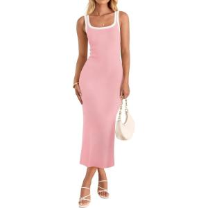 imageZESICA Womens 2025 Summer Bodycon Midi Dress Casual Sleeveless Square Neck Side Slit Knit Vacation Long DressesPink
