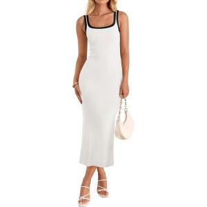 imageZESICA Womens 2025 Summer Bodycon Midi Dress Casual Sleeveless Square Neck Side Slit Knit Vacation Long DressesWhite