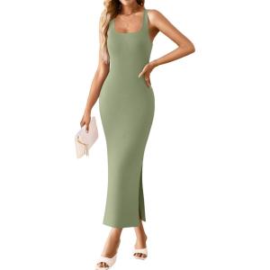 imageZESICA Womens 2025 Summer Casual Square Neck Bodycon Midi Dresses Spring Sleeveless Side Slit Knit Beach Vacation Long DressLightgreen