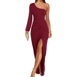 imageZESICA Womens One Shoulder Long Sleeve Cocktail Dress Sexy High Slit Ruched Bodycon Wedding Guest Maxi DressesWine