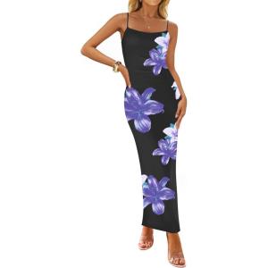 imageZESICA Womens Summer Bodycon Maxi Dresses 2025 Floral Spaghetti Strap Square Neck Sleeveless Boho Beach Long DressesDarkpurple