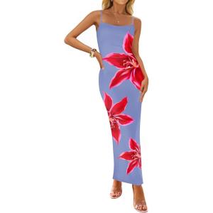 imageZESICA Womens Summer Bodycon Maxi Dresses 2025 Floral Spaghetti Strap Square Neck Sleeveless Boho Beach Long DressesDusty Blue