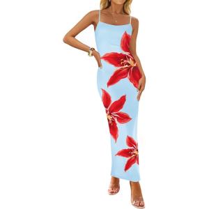 imageZESICA Womens Summer Bodycon Maxi Dresses 2025 Floral Spaghetti Strap Square Neck Sleeveless Boho Beach Long DressesLight Blue