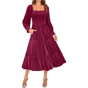 imageZESICA Womens Velvet Long Sleeve Dresses 2025 Spring Square Neck Smocked Ruffle A Line Flowy Midi Dress with PocketsBurgundy