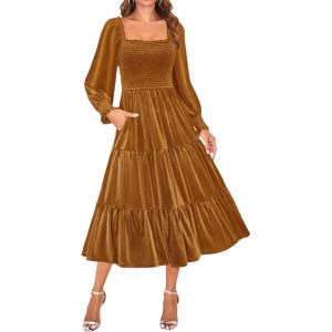 imageZESICA Womens Velvet Long Sleeve Dresses 2025 Spring Square Neck Smocked Ruffle A Line Flowy Midi Dress with PocketsCaramel