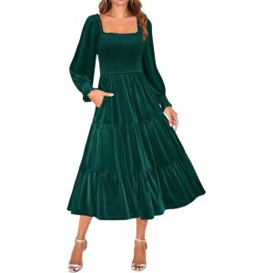 imageZESICA Womens Velvet Long Sleeve Dresses 2025 Spring Square Neck Smocked Ruffle A Line Flowy Midi Dress with PocketsDark Green