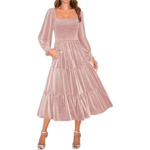 imageZESICA Womens Velvet Long Sleeve Dresses 2025 Spring Square Neck Smocked Ruffle A Line Flowy Midi Dress with PocketsPink
