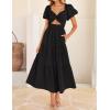 imageZESICA Womens 2025 Boho Smocked Vacation Dress Short Puff Sleeve Twist Knot Cutout Flowy A Line Beach Party DressesBlack