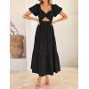 imageZESICA Womens 2025 Boho Smocked Vacation Dress Short Puff Sleeve Twist Knot Cutout Flowy A Line Beach Party DressesBlack