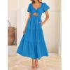imageZESICA Womens 2025 Boho Smocked Vacation Dress Short Puff Sleeve Twist Knot Cutout Flowy A Line Beach Party DressesCobalt