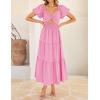 imageZESICA Womens 2025 Boho Smocked Vacation Dress Short Puff Sleeve Twist Knot Cutout Flowy A Line Beach Party DressesHot Pink