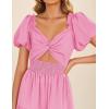 imageZESICA Womens 2025 Boho Smocked Vacation Dress Short Puff Sleeve Twist Knot Cutout Flowy A Line Beach Party DressesHot Pink