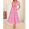 imageZESICA Womens 2025 Boho Smocked Vacation Dress Short Puff Sleeve Twist Knot Cutout Flowy A Line Beach Party DressesHot Pink