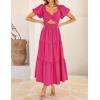 imageZESICA Womens 2025 Boho Smocked Vacation Dress Short Puff Sleeve Twist Knot Cutout Flowy A Line Beach Party DressesRose