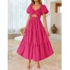 imageZESICA Womens 2025 Boho Smocked Vacation Dress Short Puff Sleeve Twist Knot Cutout Flowy A Line Beach Party DressesRose