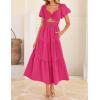 imageZESICA Womens 2025 Boho Smocked Vacation Dress Short Puff Sleeve Twist Knot Cutout Flowy A Line Beach Party DressesRose