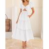 imageZESICA Womens 2025 Boho Smocked Vacation Dress Short Puff Sleeve Twist Knot Cutout Flowy A Line Beach Party DressesWhite