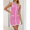 imageZESICA Womens 2025 Summer Sleeveless Mini Dress Crewneck Button Knit Color Block Bodycon Party Short Dresses with PocketsPink