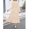 imageZESICA Womens Spring Long Sleeve Maxi Dresses Casual Crew Neck Swiss Dot Tiered Flowy A Line Wedding Guest DressBeige