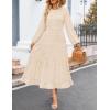 imageZESICA Womens Spring Long Sleeve Maxi Dresses Casual Crew Neck Swiss Dot Tiered Flowy A Line Wedding Guest DressBeige