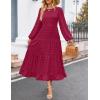 imageZESICA Womens Spring Long Sleeve Maxi Dresses Casual Crew Neck Swiss Dot Tiered Flowy A Line Wedding Guest DressWine Red