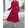 imageZESICA Womens Spring Long Sleeve Maxi Dresses Casual Crew Neck Swiss Dot Tiered Flowy A Line Wedding Guest DressWine Red