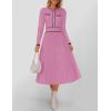 imageZESICA Womens Spring Pleated Sweater Dress Long Sleeve Crewneck Ribbed Knitted Midi DressesPinkpurple