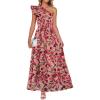 imageZESICA Womens 2025 Boho Floral Sleeveless Maxi Dress Ruffle One Shoulder Elatsic High Waist Beach Party Long DressesVintage Pink