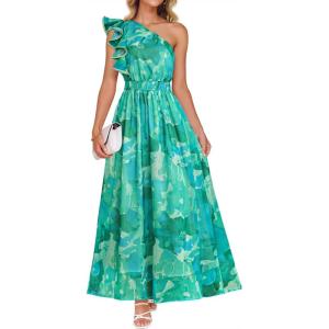 imageZESICA Womens 2025 Boho Floral Sleeveless Maxi Dress Ruffle One Shoulder Elatsic High Waist Beach Party Long DressesGreen