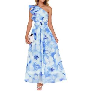 imageZESICA Womens 2025 Boho Floral Sleeveless Maxi Dress Ruffle One Shoulder Elatsic High Waist Beach Party Long DressesLight Blue