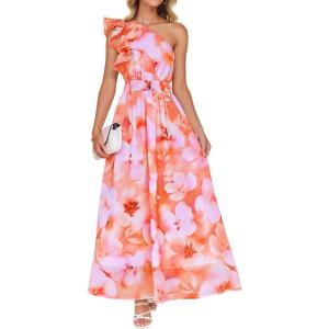 imageZESICA Womens 2025 Boho Floral Sleeveless Maxi Dress Ruffle One Shoulder Elatsic High Waist Beach Party Long DressesOrange