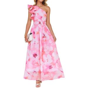 imageZESICA Womens 2025 Boho Floral Sleeveless Maxi Dress Ruffle One Shoulder Elatsic High Waist Beach Party Long DressesPink