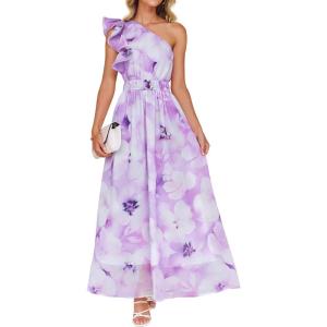 imageZESICA Womens 2025 Boho Floral Sleeveless Maxi Dress Ruffle One Shoulder Elatsic High Waist Beach Party Long DressesPurple