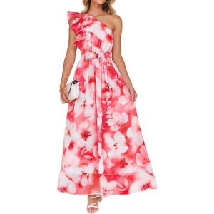 imageZESICA Womens 2025 Boho Floral Sleeveless Maxi Dress Ruffle One Shoulder Elatsic High Waist Beach Party Long DressesRed