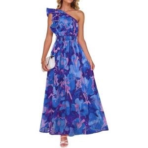 imageZESICA Womens 2025 Boho Floral Sleeveless Maxi Dress Ruffle One Shoulder Elatsic High Waist Beach Party Long DressesRoyal Blue