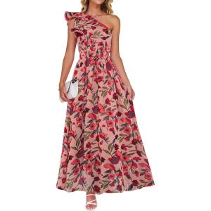 imageZESICA Womens 2025 Boho Floral Sleeveless Maxi Dress Ruffle One Shoulder Elatsic High Waist Beach Party Long DressesVintage Pink