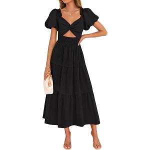 imageZESICA Womens 2025 Boho Smocked Vacation Dress Short Puff Sleeve Twist Knot Cutout Flowy A Line Beach Party DressesBlack