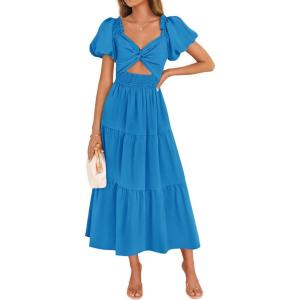 imageZESICA Womens 2025 Boho Smocked Vacation Dress Short Puff Sleeve Twist Knot Cutout Flowy A Line Beach Party DressesCobalt