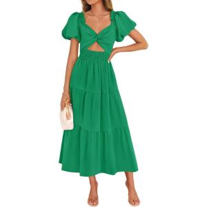 imageZESICA Womens 2025 Boho Smocked Vacation Dress Short Puff Sleeve Twist Knot Cutout Flowy A Line Beach Party DressesGreen