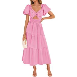 imageZESICA Womens 2025 Boho Smocked Vacation Dress Short Puff Sleeve Twist Knot Cutout Flowy A Line Beach Party DressesHot Pink