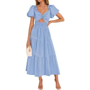 imageZESICA Womens 2025 Boho Smocked Vacation Dress Short Puff Sleeve Twist Knot Cutout Flowy A Line Beach Party DressesLight Blue