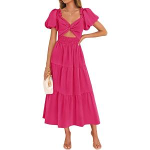 imageZESICA Womens 2025 Boho Smocked Vacation Dress Short Puff Sleeve Twist Knot Cutout Flowy A Line Beach Party DressesRose