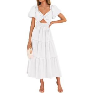 imageZESICA Womens 2025 Boho Smocked Vacation Dress Short Puff Sleeve Twist Knot Cutout Flowy A Line Beach Party DressesWhite