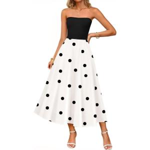 imageZESICA Womens 2025 Summer Boho Strapless Midi Dress Off Shoulder Polka Dot Printed Flowy A Line Long Dresses with PocketsBlack