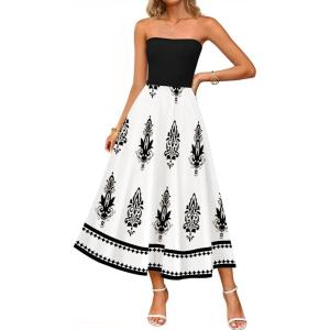 imageZESICA Womens 2025 Summer Boho Strapless Midi Dress Off Shoulder Polka Dot Printed Flowy A Line Long Dresses with PocketsDim