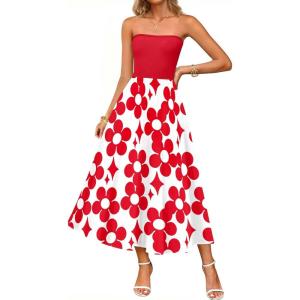 imageZESICA Womens 2025 Summer Boho Strapless Midi Dress Off Shoulder Polka Dot Printed Flowy A Line Long Dresses with PocketsRed