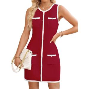 imageZESICA Womens 2025 Summer Sleeveless Mini Dress Crewneck Button Knit Color Block Bodycon Party Short Dresses with PocketsDarkred