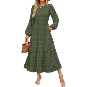 imageZESICA Womens Spring Long Sleeve Maxi Dresses Casual Crew Neck Swiss Dot Tiered Flowy A Line Wedding Guest DressArmy Green